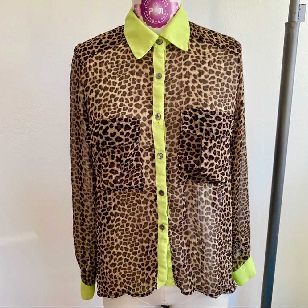 Cheetah Print Button Up Blouse with Green Accent